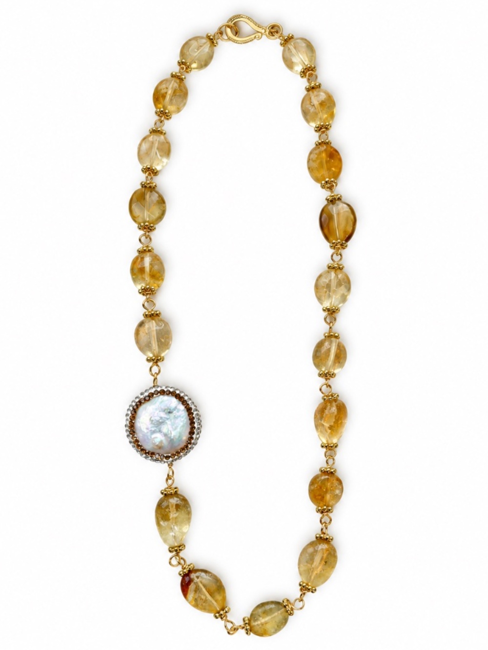 Natural Yellow Quartz & Baroque Pearl Necklace 20”